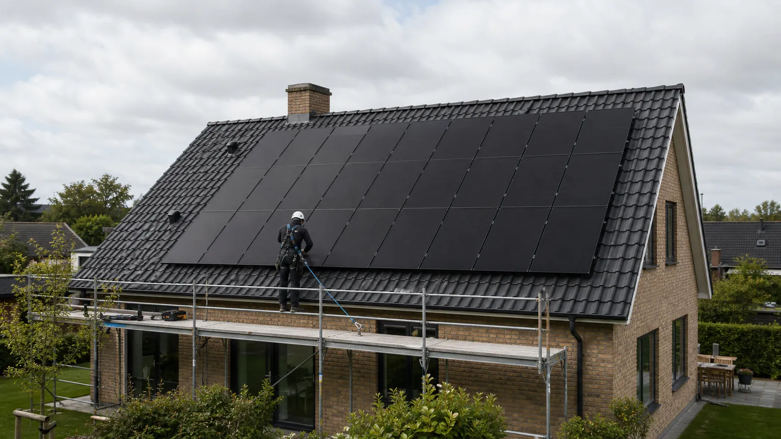 Elektriker monterer sorte solpaneler på et skråt tegltag med stillads og faldsikring.