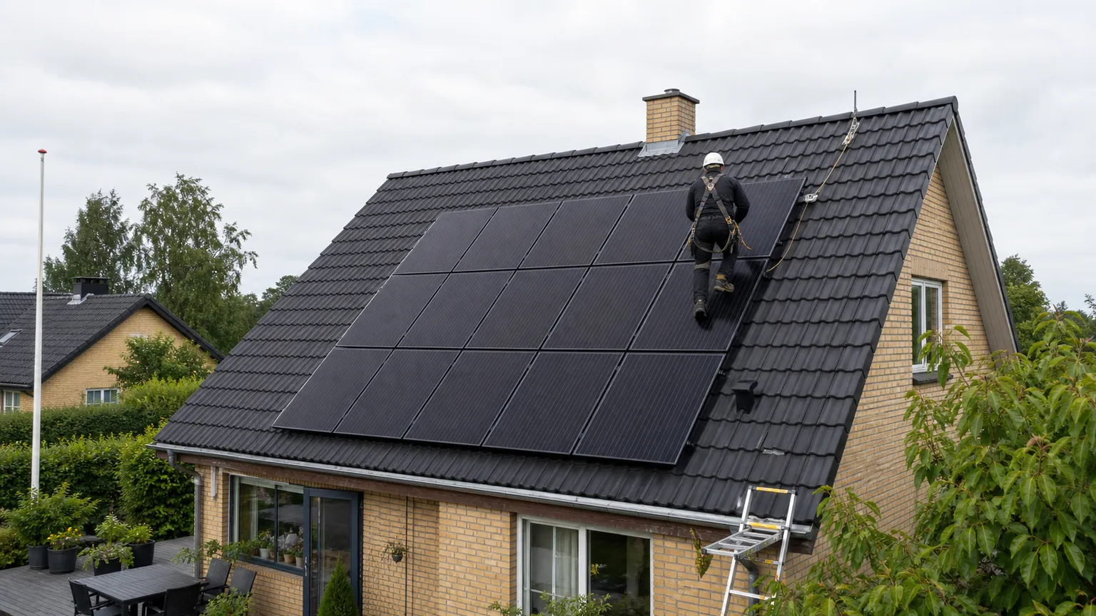 Montør med sikkerhedssele installerer sorte solpaneler på taget af et dansk murstenshus.