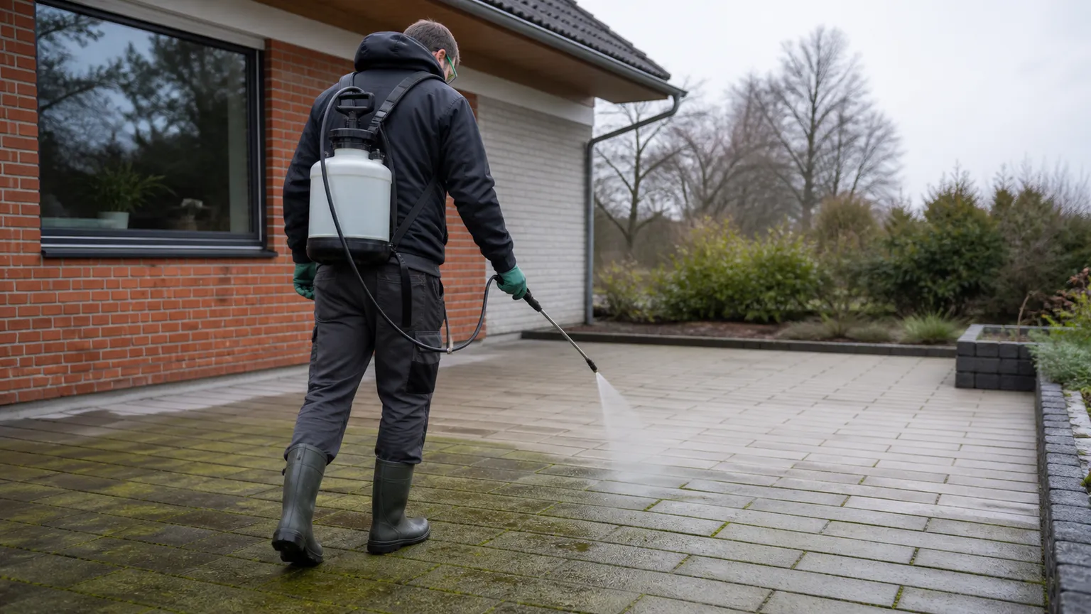 Fagperson sprøjter algebehandling på grønne fliser ved et dansk parcelhus.