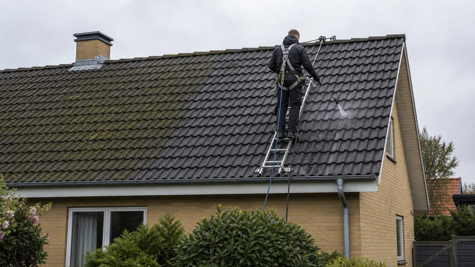 Fagmand med faldsikring behandler et algegroet tegltag på et dansk parcelhus.