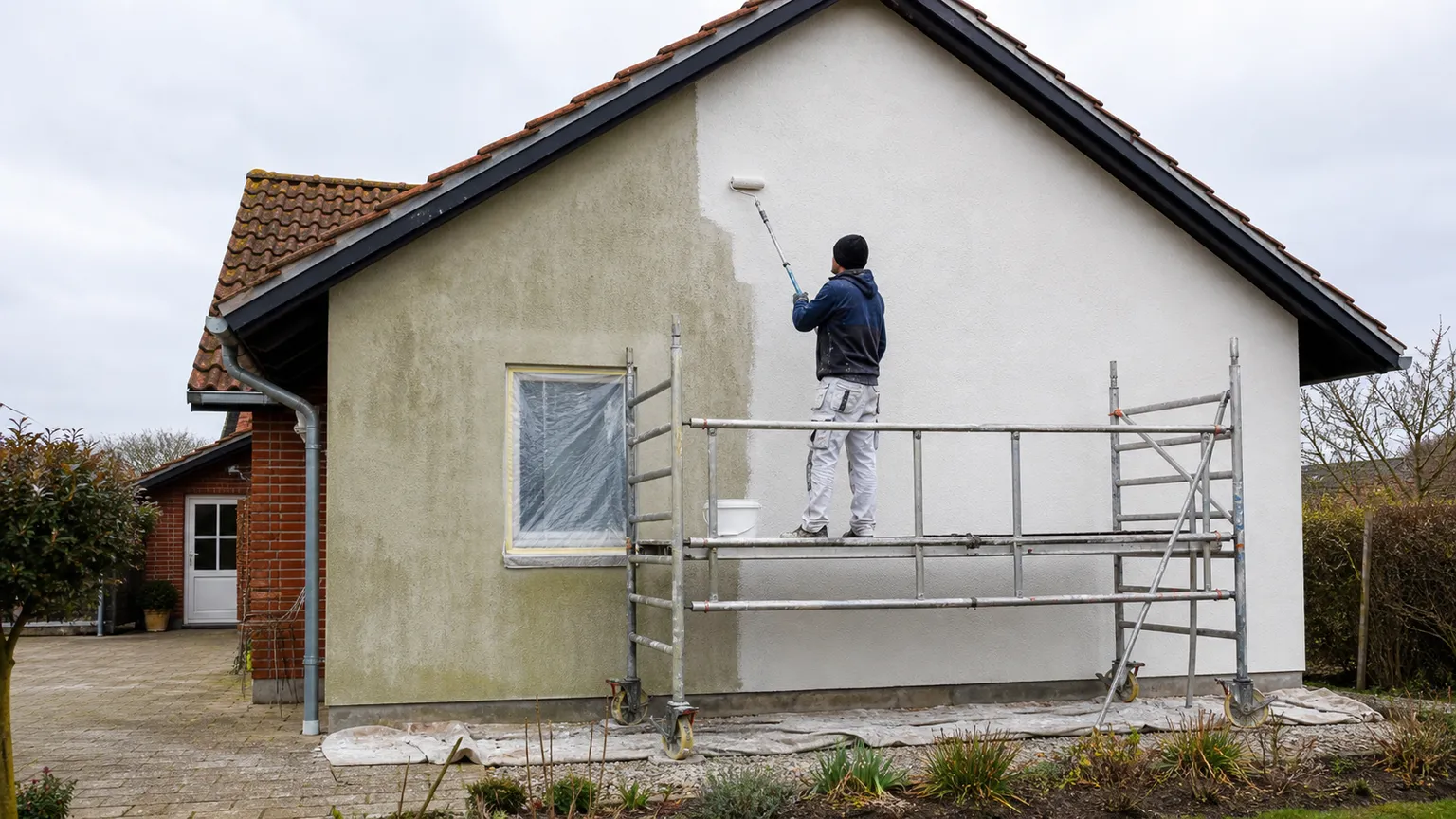 Maler på stillads maler en algebehandlet facade på et dansk hus i naturligt dagslys.