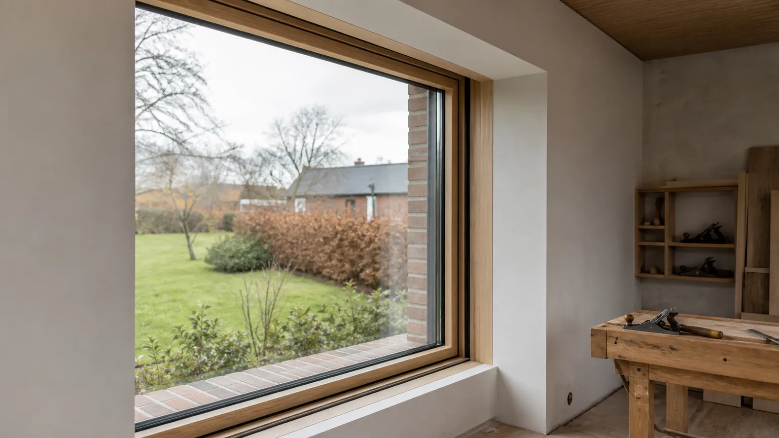 Nyt alu-træ-vindue med lys træramme og mørk aluminiumskant i et dansk murstenshus under renovering.