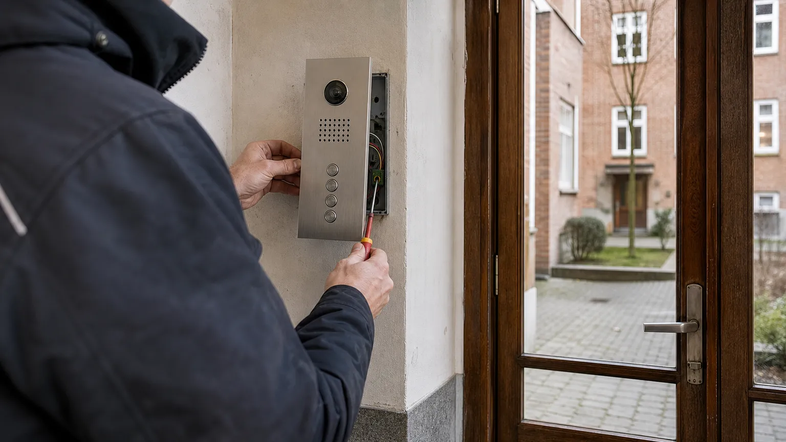 Elektriker installerer en moderne videodørtelefon ved indgangen til en dansk etageejendom.