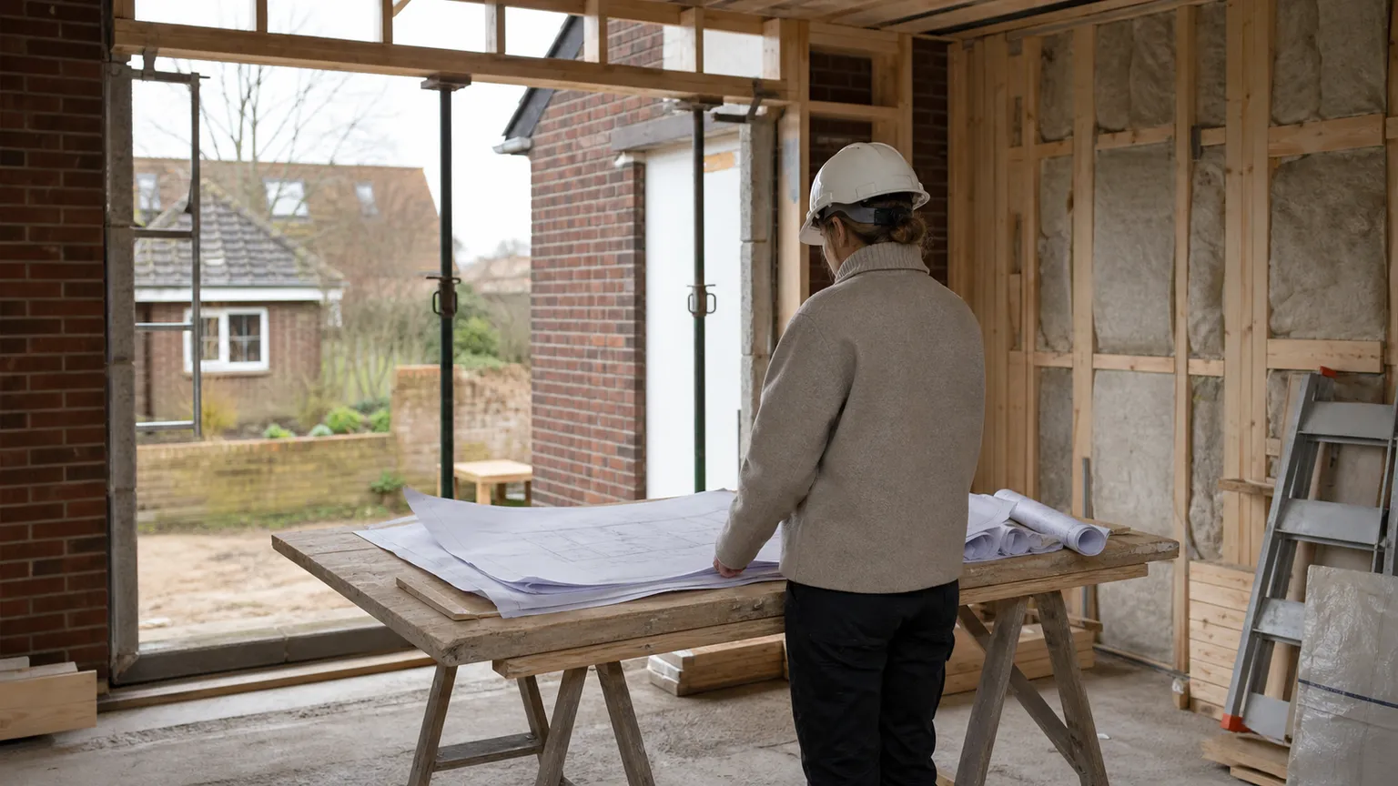 Arkitekt gennemgår byggetegninger i en dansk bolig under renovering med synligt træskelet og murværk.