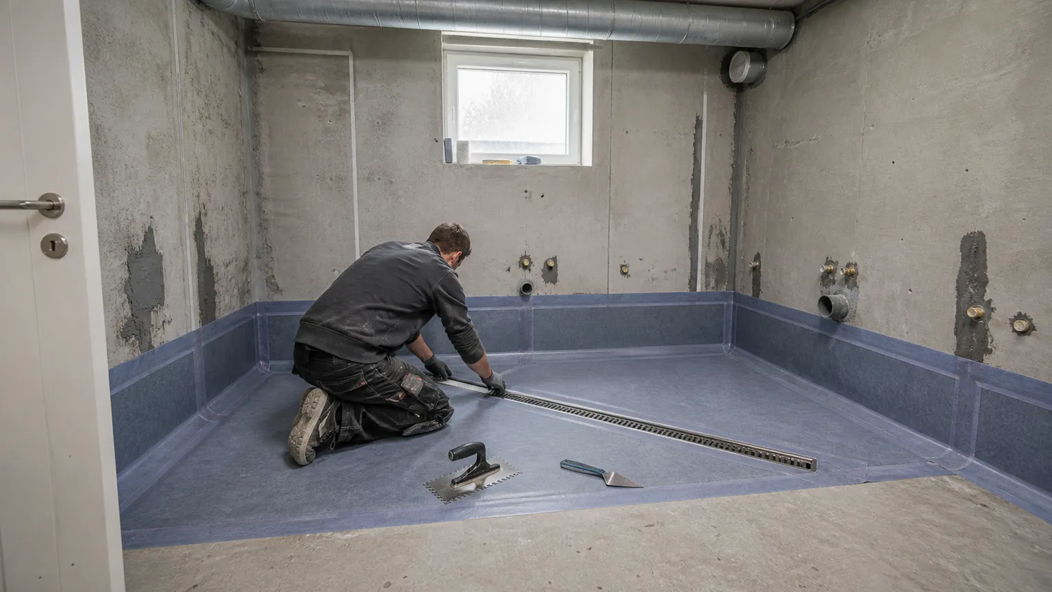 Håndværker monterer linjeafløb og vådrumsmembran i et kælderbadeværelse under renovering.