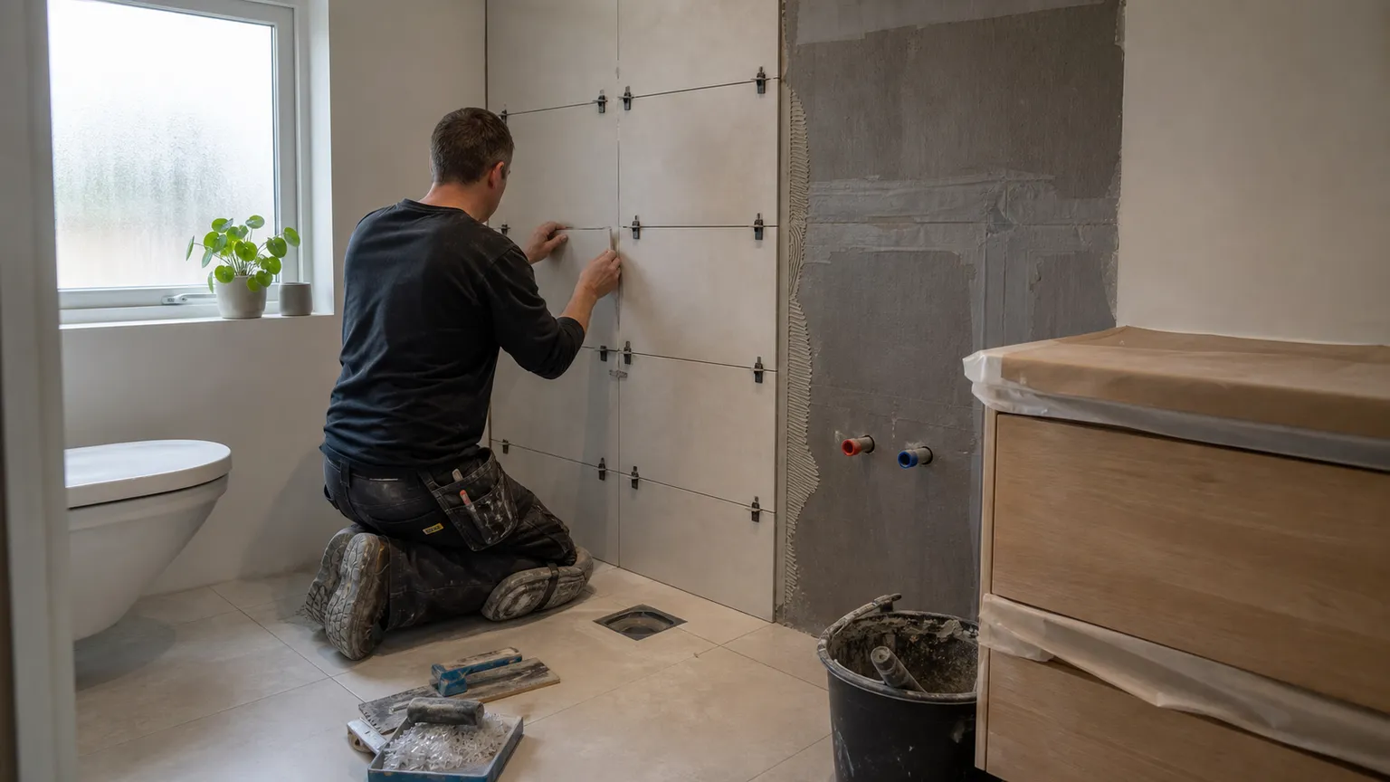 Flisemurer monterer store vægfliser under renovering af et lyst dansk badeværelse.