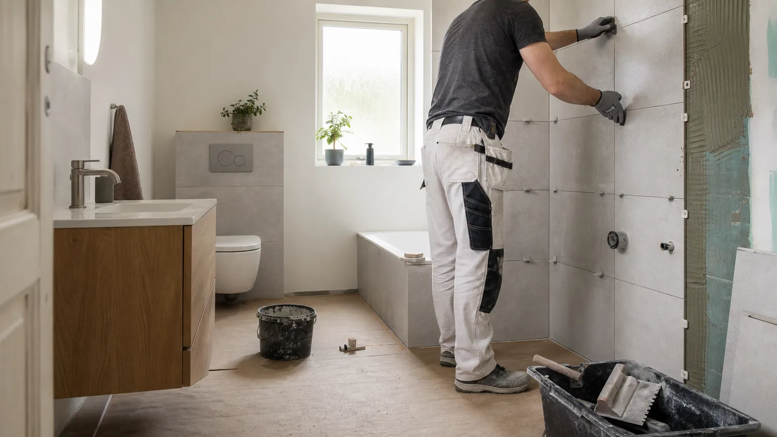 Flisemurer monterer grå vægfliser i et lyst dansk badeværelse under renovering.
