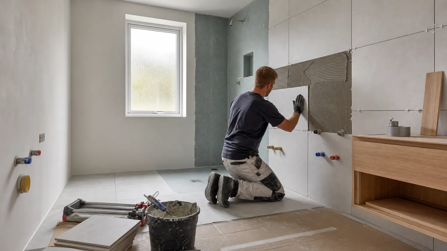 Flisemurer monterer store grå fliser under renovering af et lyst dansk badeværelse.