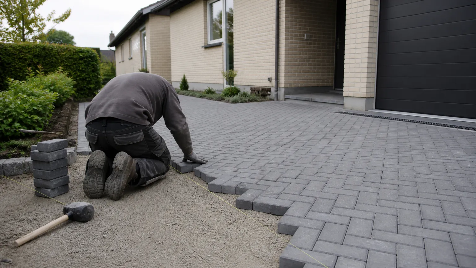 Brolægger lægger grå betonsten i sildebensmønster på en indkørsel ved et dansk murstenshus.