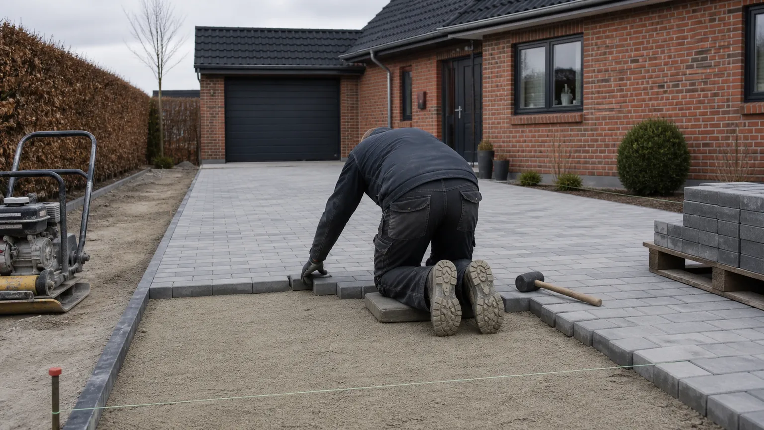 Brolægger lægger grå betonsten i en ny indkørsel foran et dansk murstenshus.