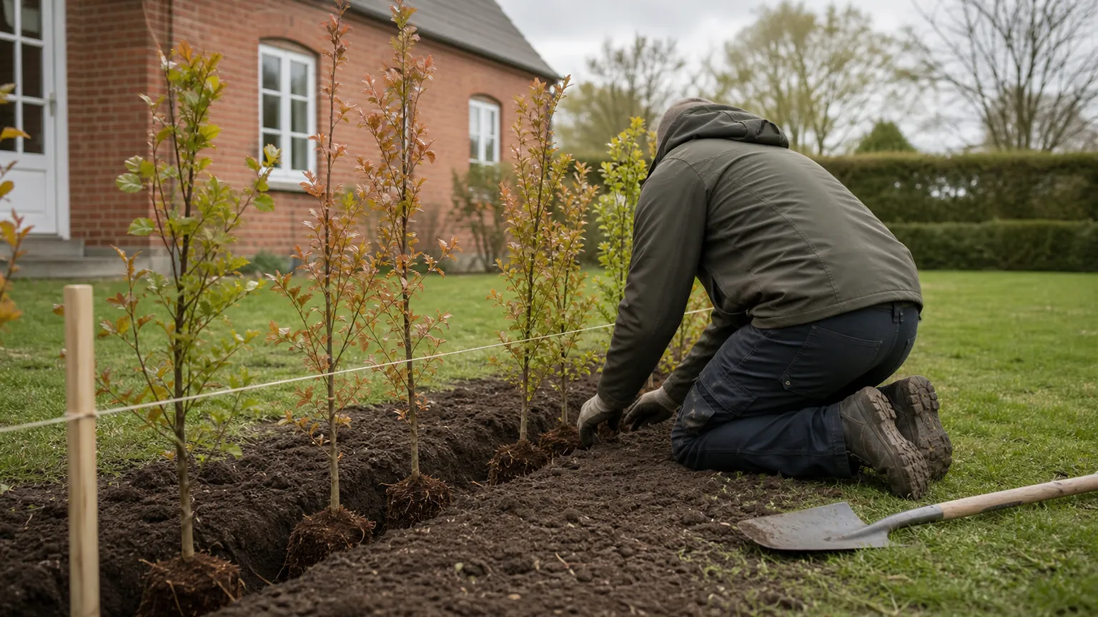 Gartner planter unge bøgehækplanter langs en snor i haven ved et dansk murstenshus.
