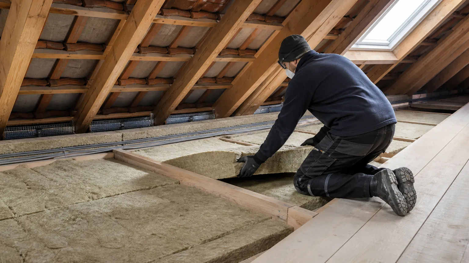 Isolatør lægger mineraluld mellem loftsbjælker på et lyst loft i en dansk boligforening.