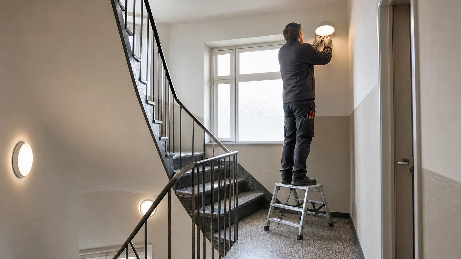 Elektriker monterer et LED-armatur i en lys dansk boligopgang med terrazzotrappe og sorte gelændere.