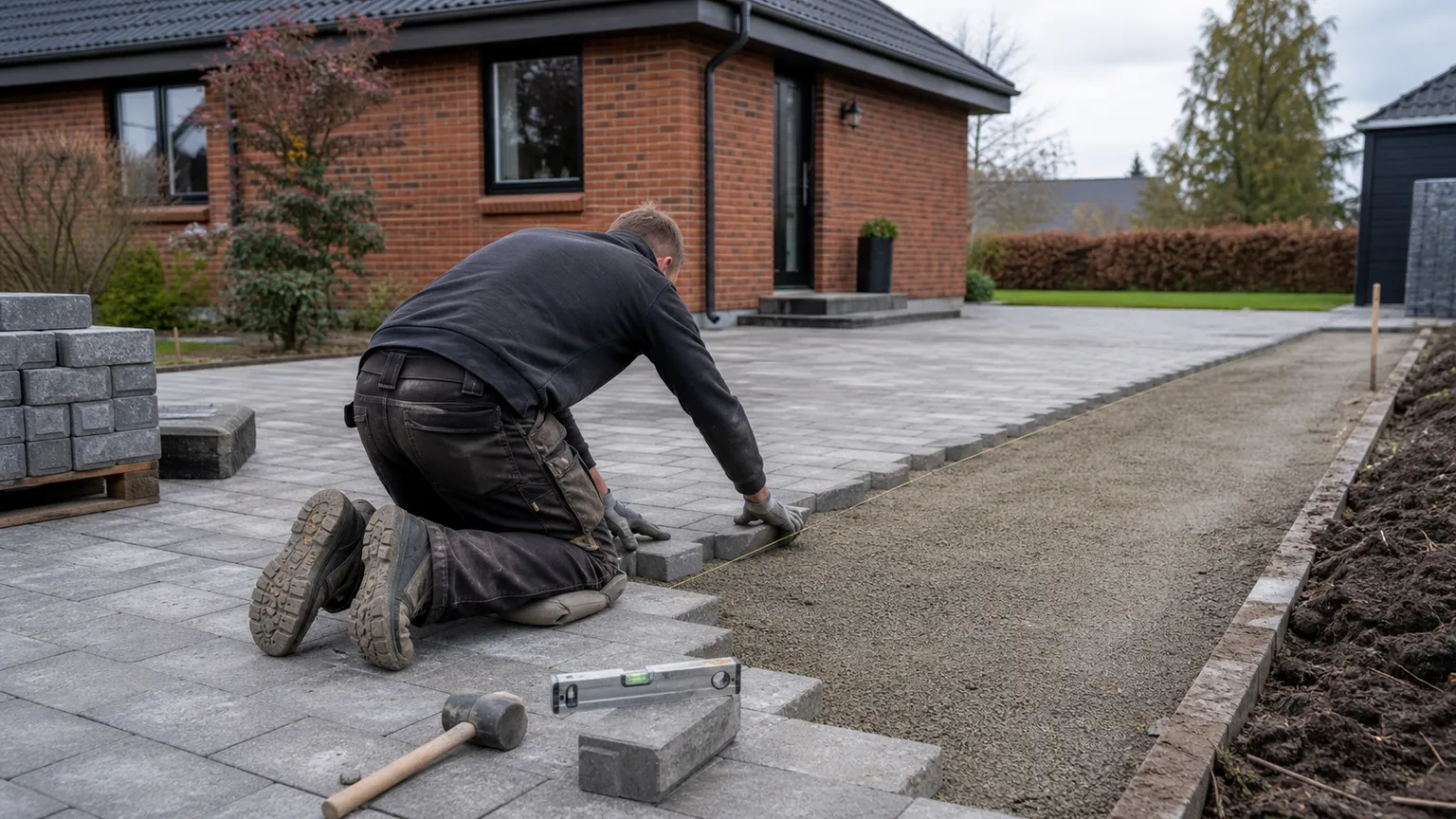 Brolægger lægger grå betonsten i en indkørsel ved et dansk murstenshus.