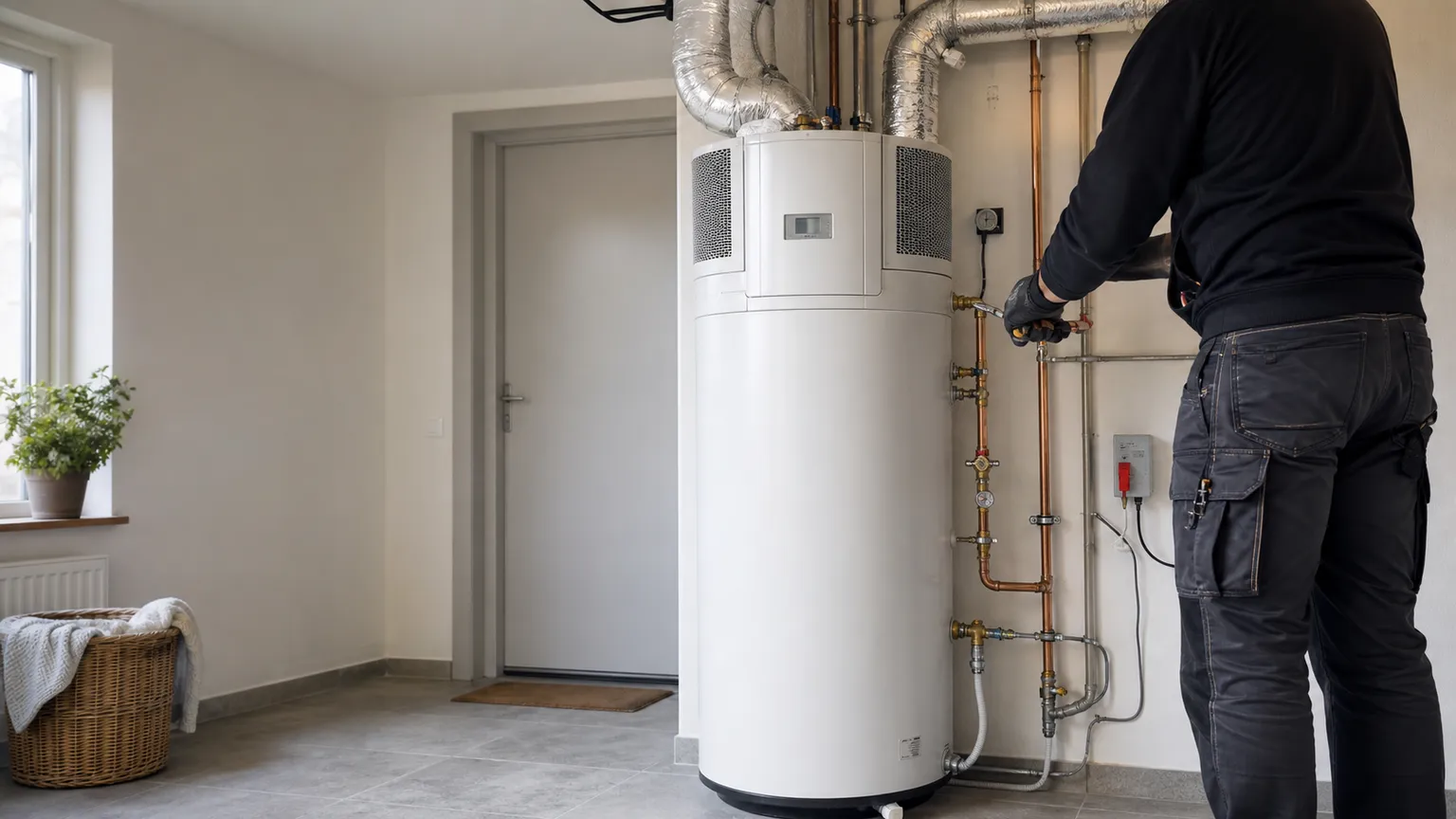 VVS-installatør efterser en brugsvandsvarmepumpe med kobberrør i et lyst dansk bryggers.