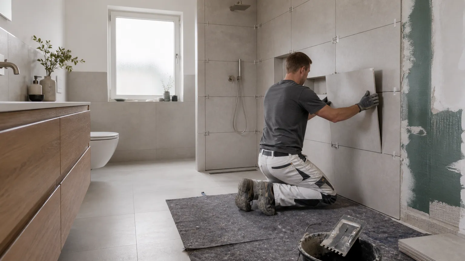 Håndværker monterer store grå fliser i et lyst dansk badeværelse under renovering.