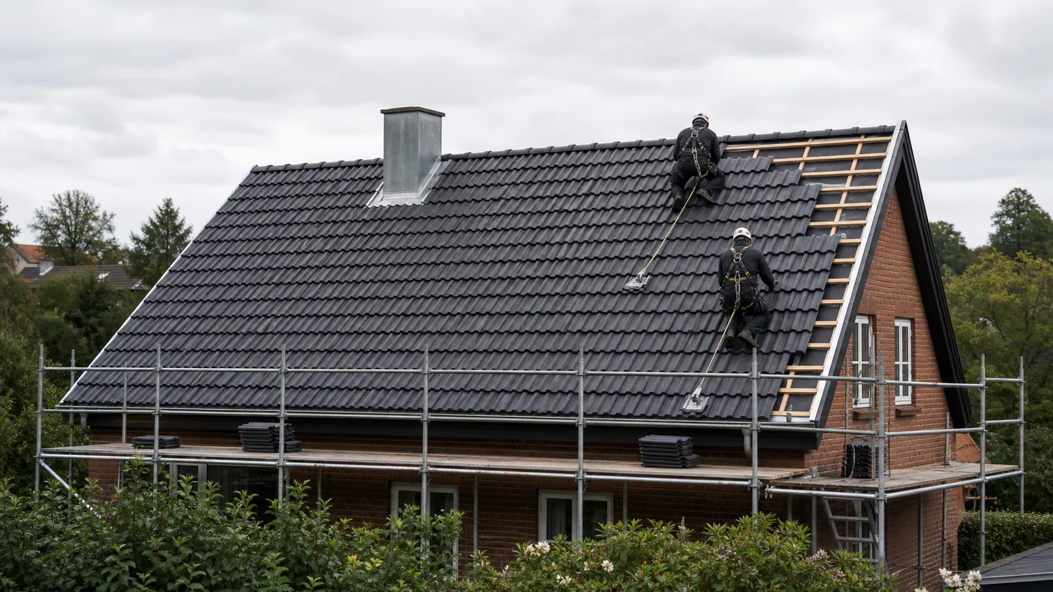 To tagarbejdere monterer mørke betonsten på et dansk murstenshus med stillads under overskyet himmel.