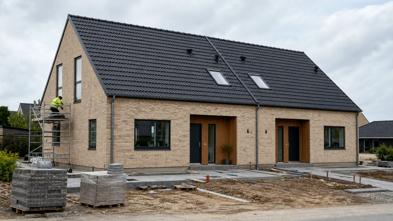 Nybygget dobbelthus i lyse mursten med to indgange, tagarbejder og belægningssten på byggepladsen.