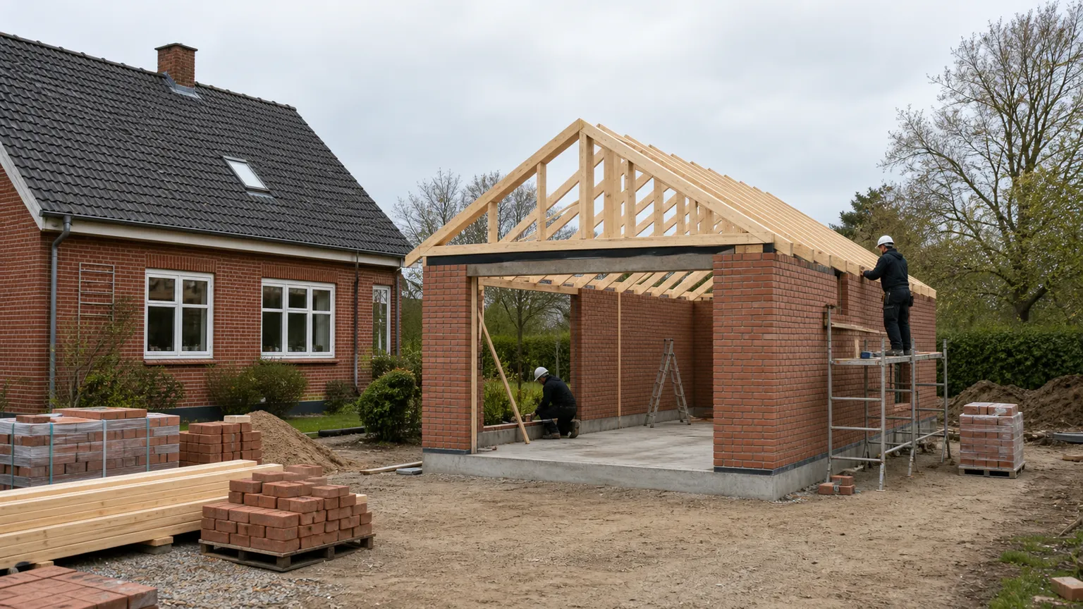 Muret garage under opførelse med betonfundament og træspær ved et dansk parcelhus.