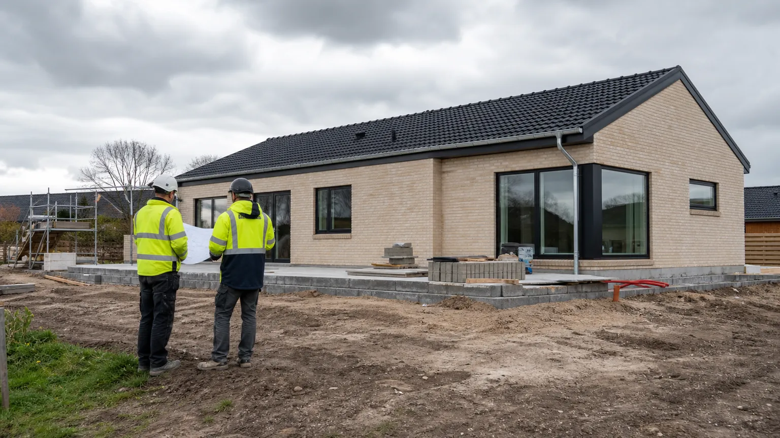 To byggefolk gennemgår tegninger foran et næsten færdigt dansk murstenshus.
