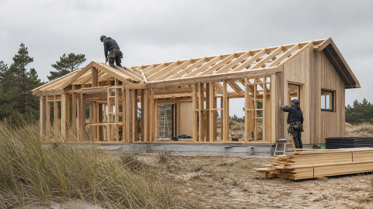 To håndværkere bygger et nyt sommerhus i træ blandt klitter og fyrretræer under en overskyet himmel.