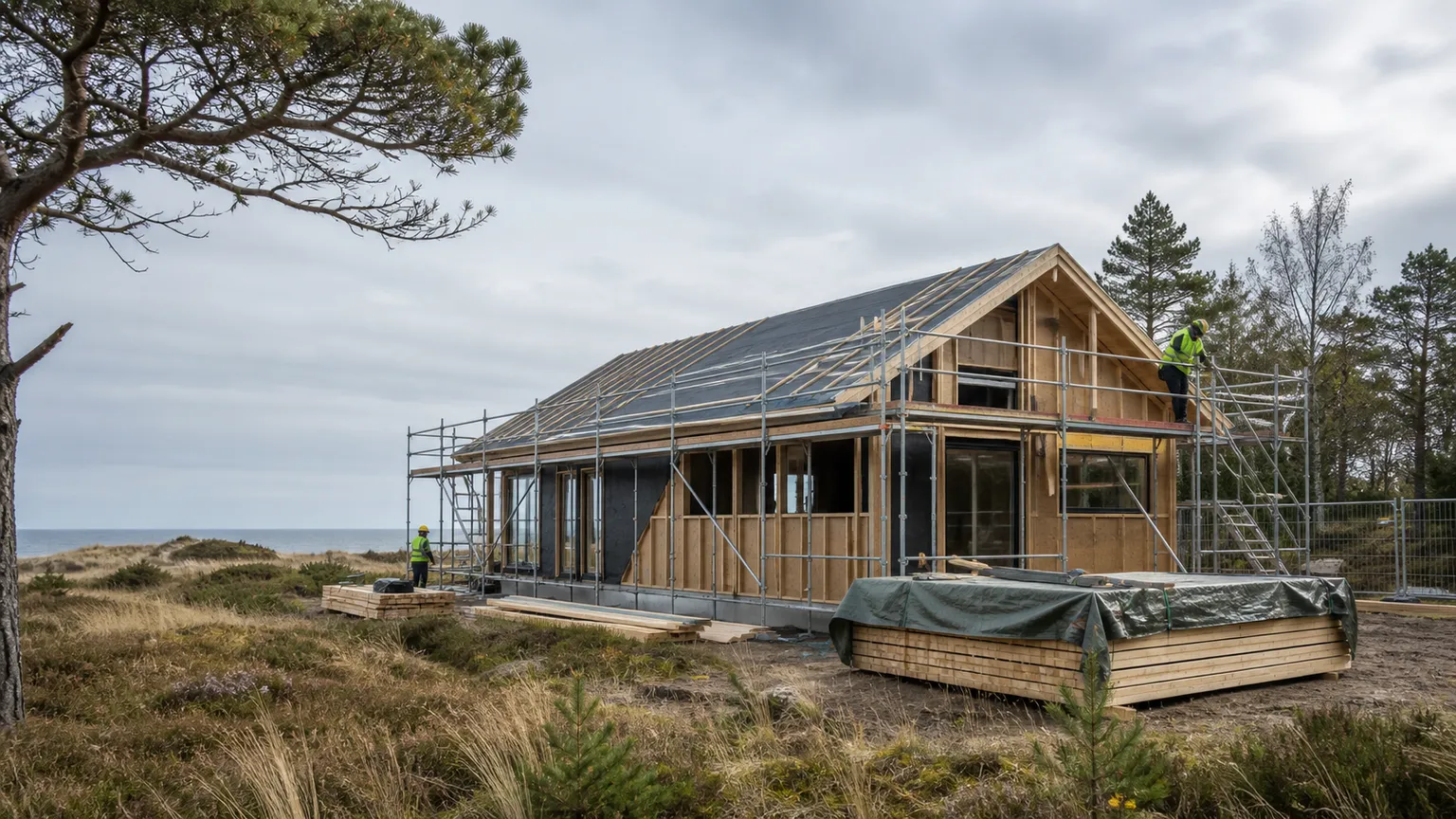 Sommerhus under opførelse med træskelet, stillads og håndværkere i dansk kystlandskab.