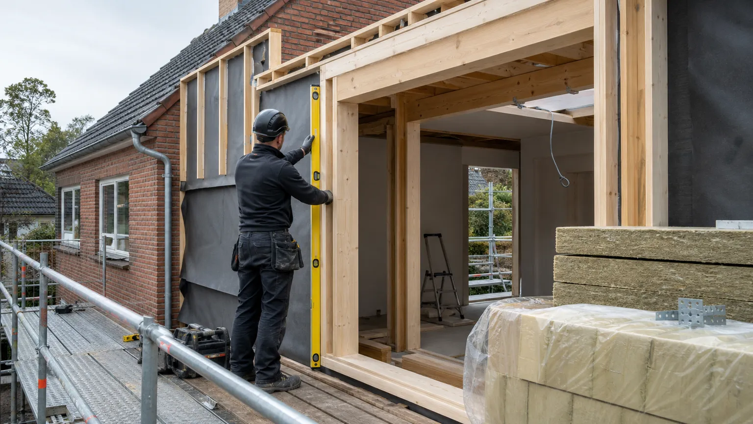 Håndværker kontrollerer trærammen på en tilbygning til et dansk murstenshus.