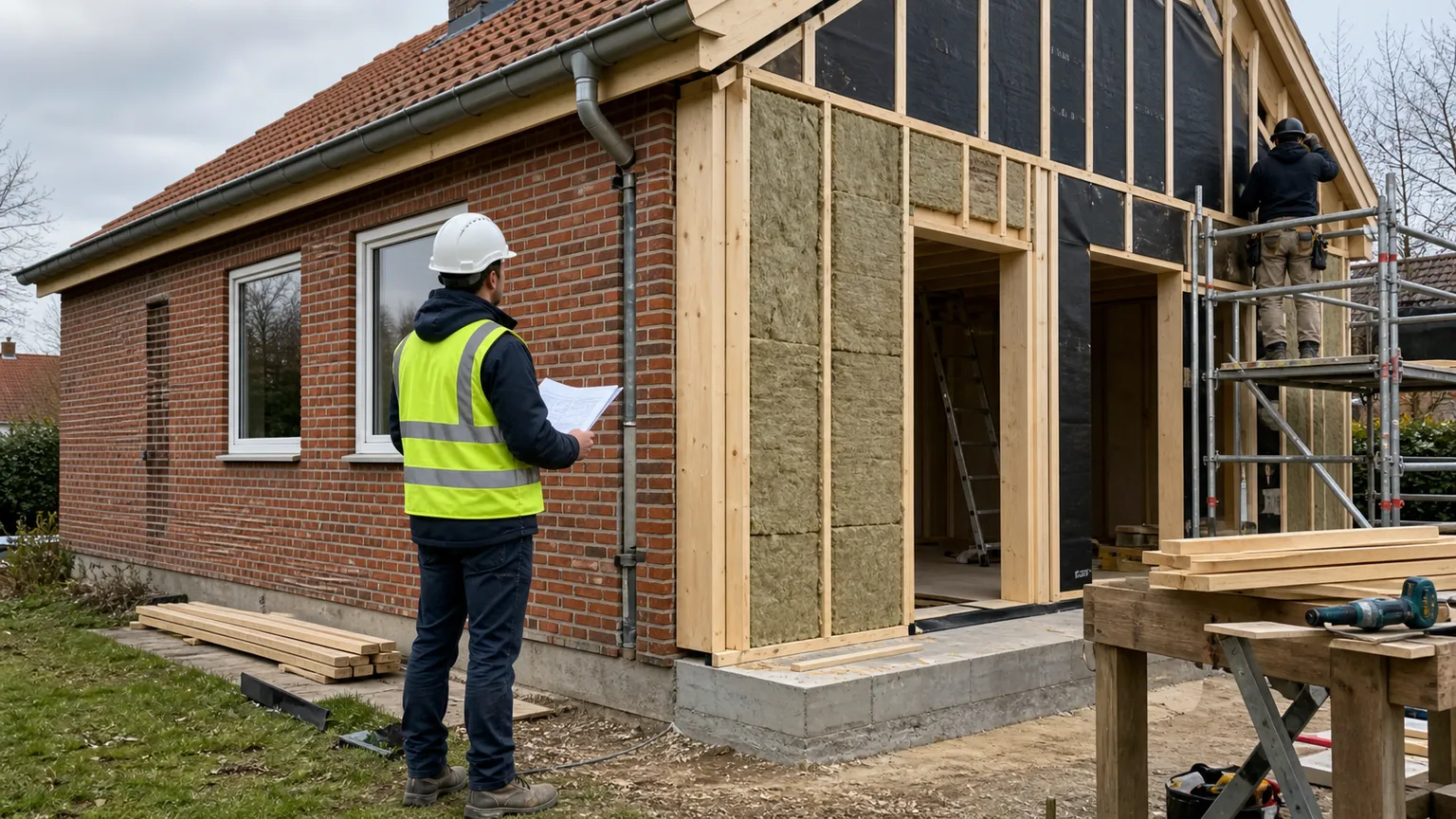Byggerådgiver inspicerer en ny trætilbygning ved et dansk murstenshus under renovering.