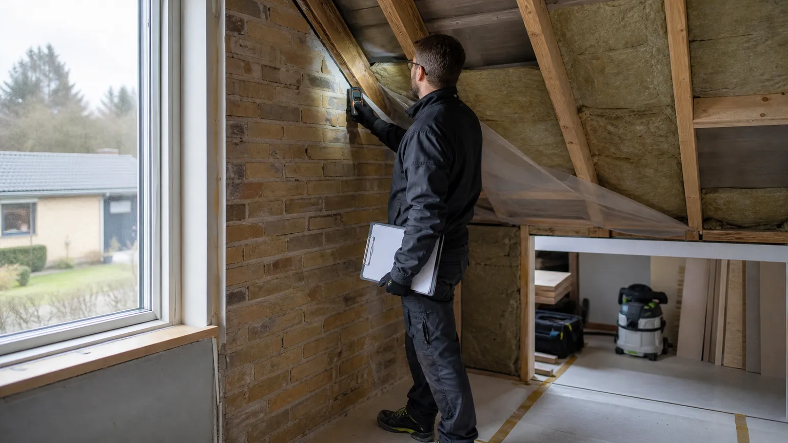 Byggesagkyndig undersøger murværk og isolering under renovering af et dansk hus.