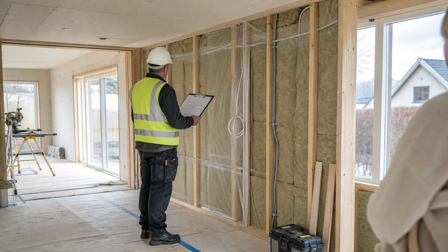 Bygherrerådgiver inspicerer isolering og installationer i en dansk bolig under renovering.
