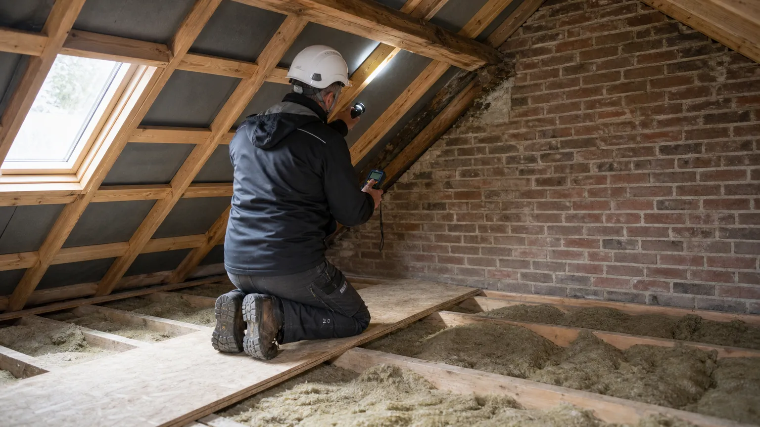 Bygningssagkyndig undersøger tagkonstruktion og fugtforhold på loftet i et dansk hus.