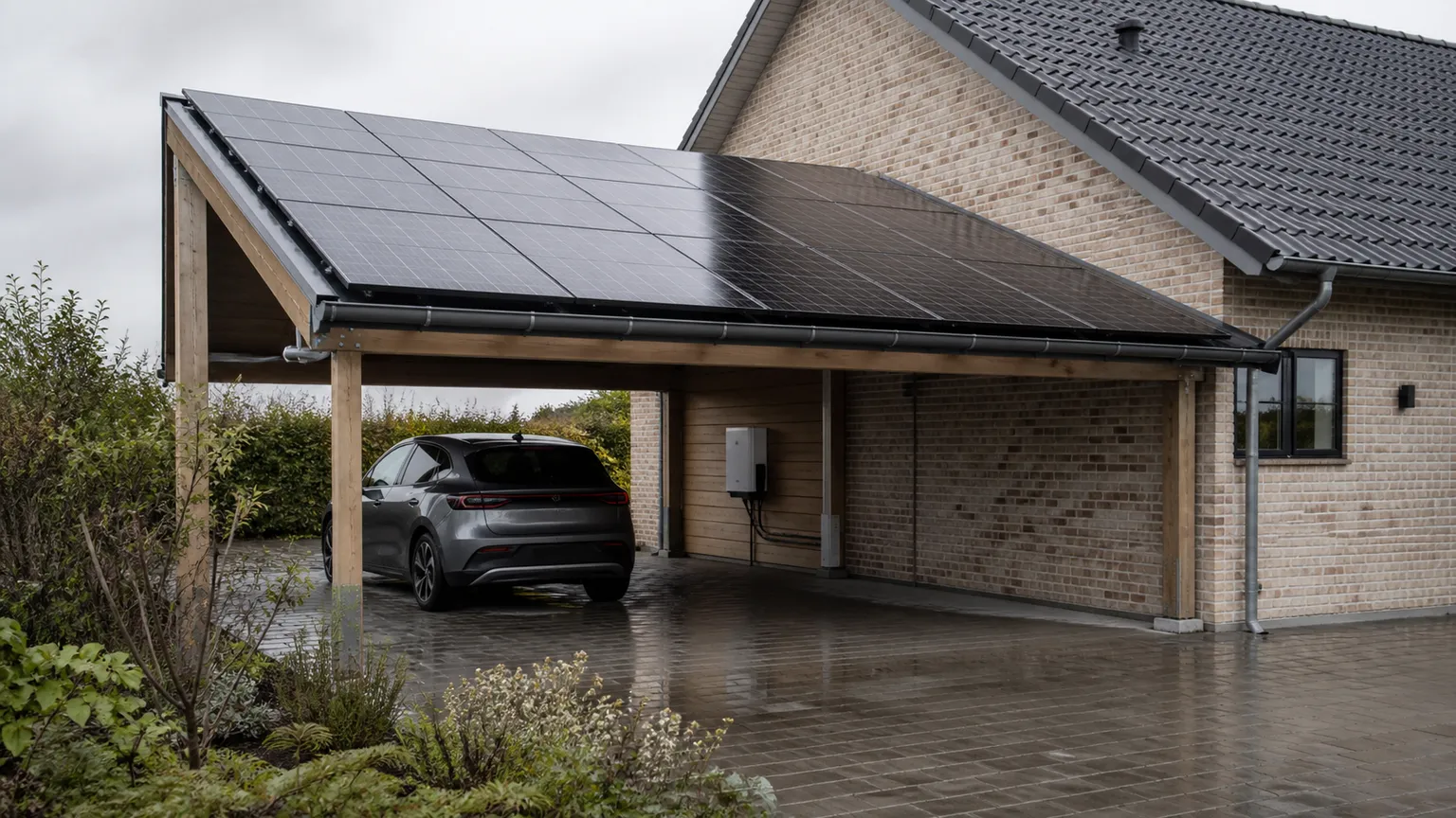 Dansk murstenshus med solcellecarport, elbil og våd indkørsel i blødt dagslys.