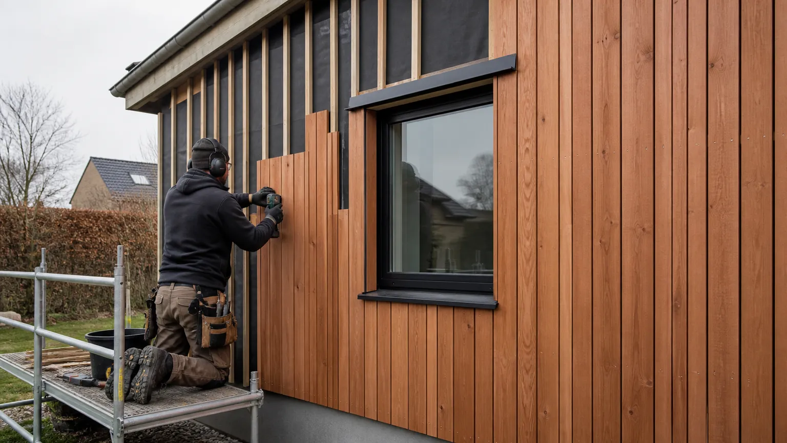 Håndværker monterer lodret cedertræbeklædning på facaden af et dansk hus i blødt dagslys.