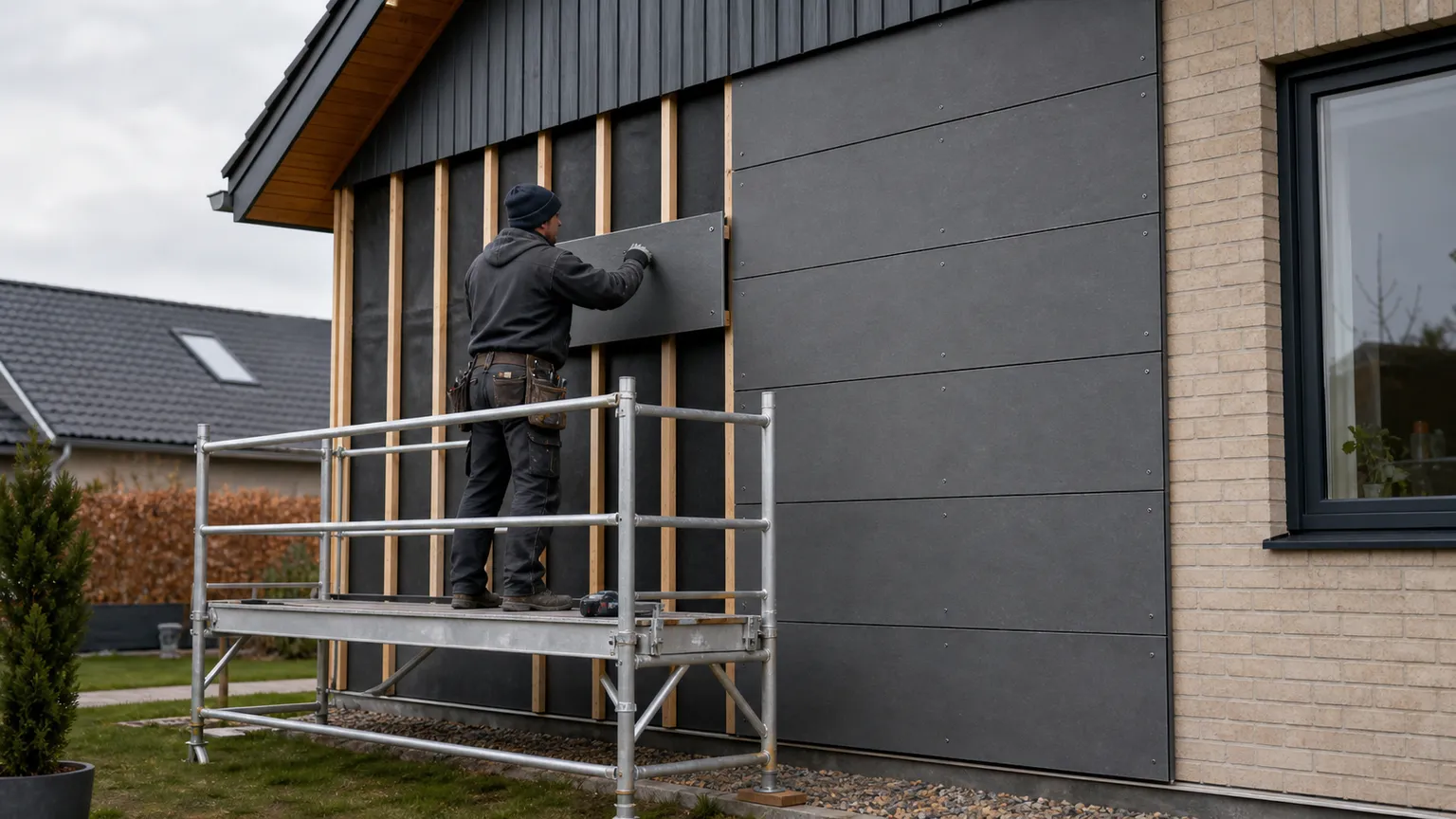 Håndværker monterer mørke fibercementplader på en dansk bolig fra et sikkert stillads.