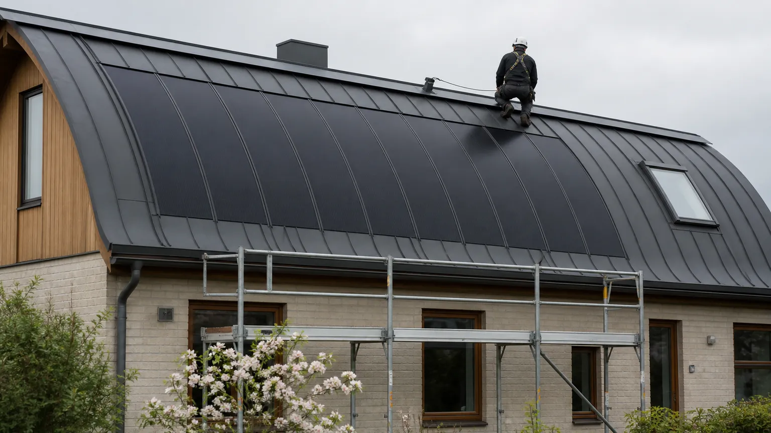 Fleksible CIGS-solceller monteres på et buet metaltag på et dansk hus under sikre arbejdsforhold.