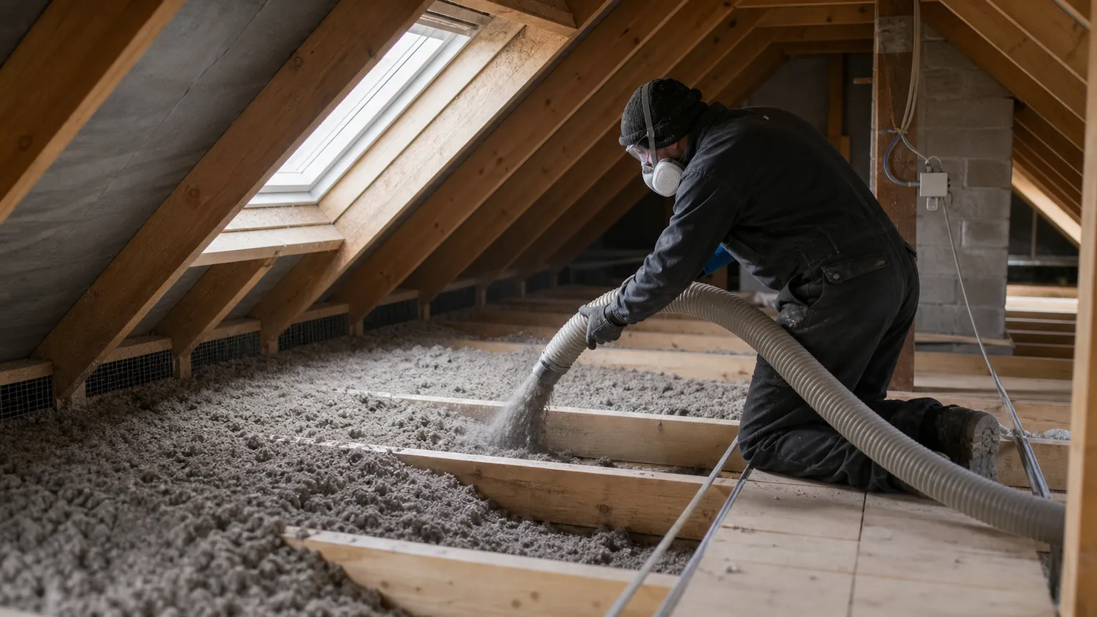Isolatør indblæser grå papiruld mellem loftsbjælker i et dansk hus med naturligt dagslys.