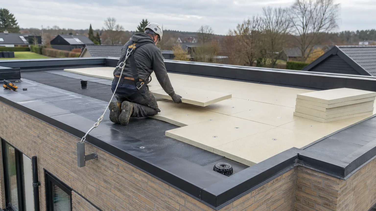 Tagdækker monterer isoleringsplader på et fladt tag på et dansk murstenshus.