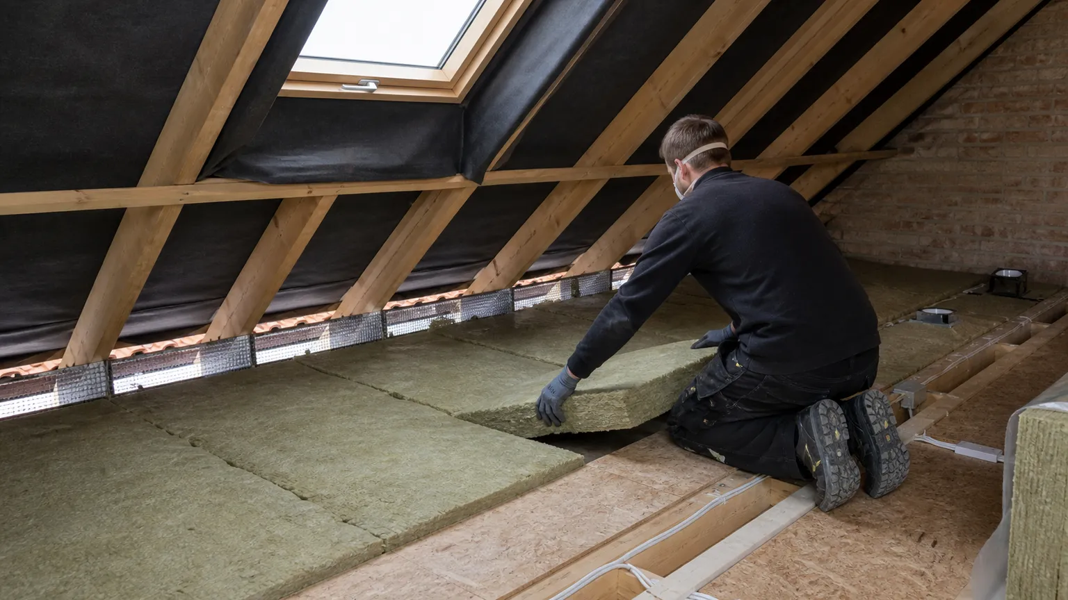 Håndværker efterisolerer et dansk loft med mineraluld mellem træbjælker.