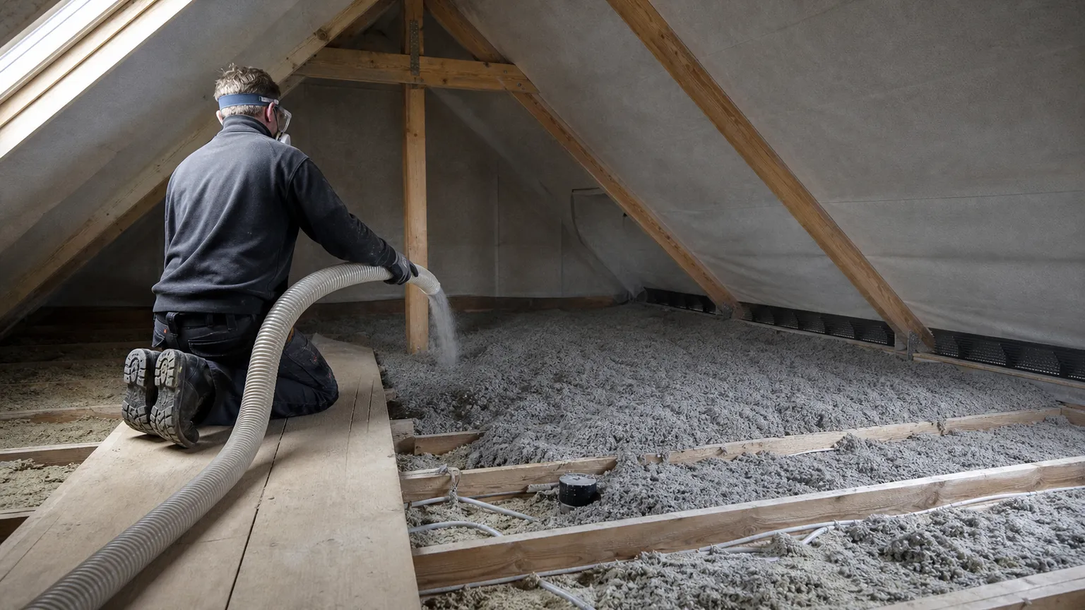 Isolatør indblæser grå papiruld mellem loftsbjælker i et dansk hus.