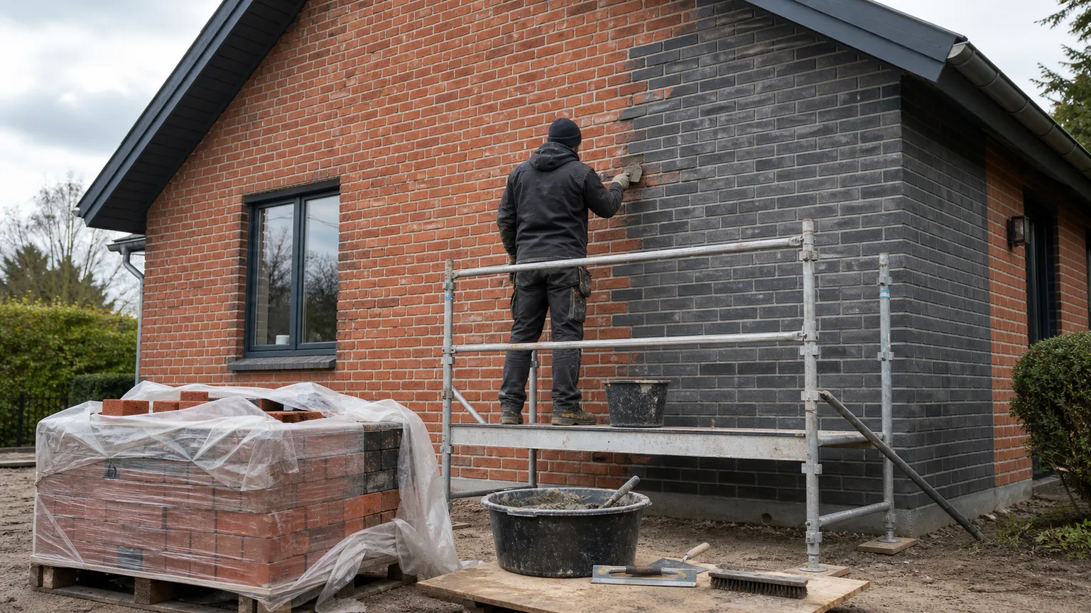 Murer arbejder på en dansk husfacade med røde og mørke mursten, stillads og materialer i naturligt dagslys.
