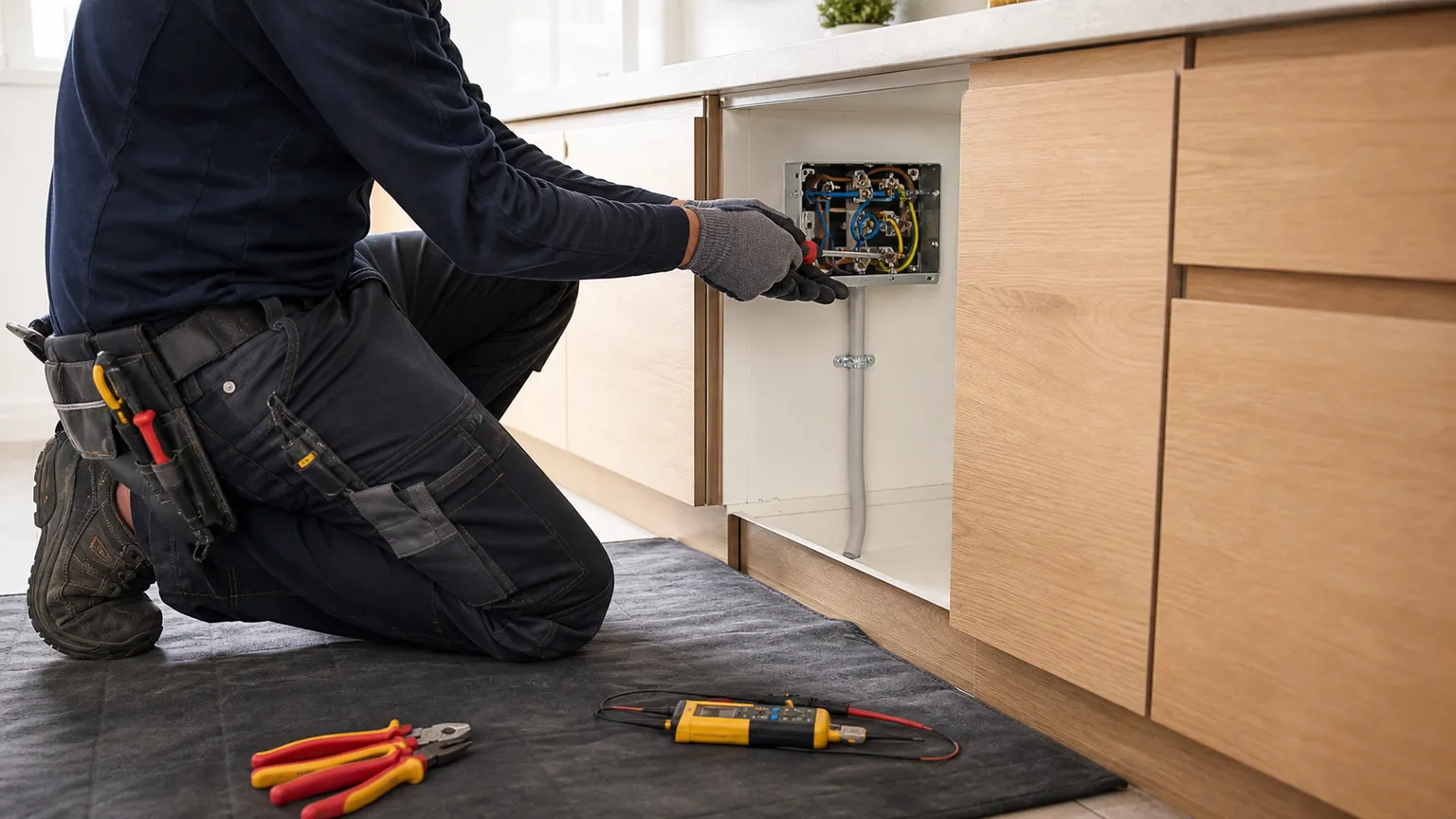 Elektriker arbejder sikkert på elinstallation under køkkenbord i et lyst dansk køkken.