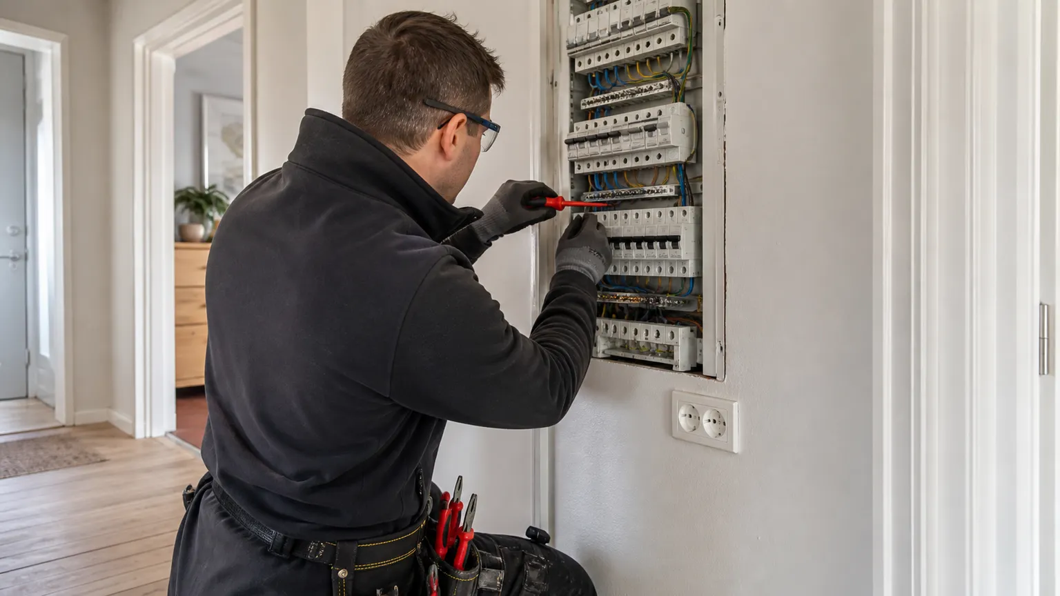 Elektriker arbejder sikkert på en åben el-tavle i en lys dansk lejlighed.