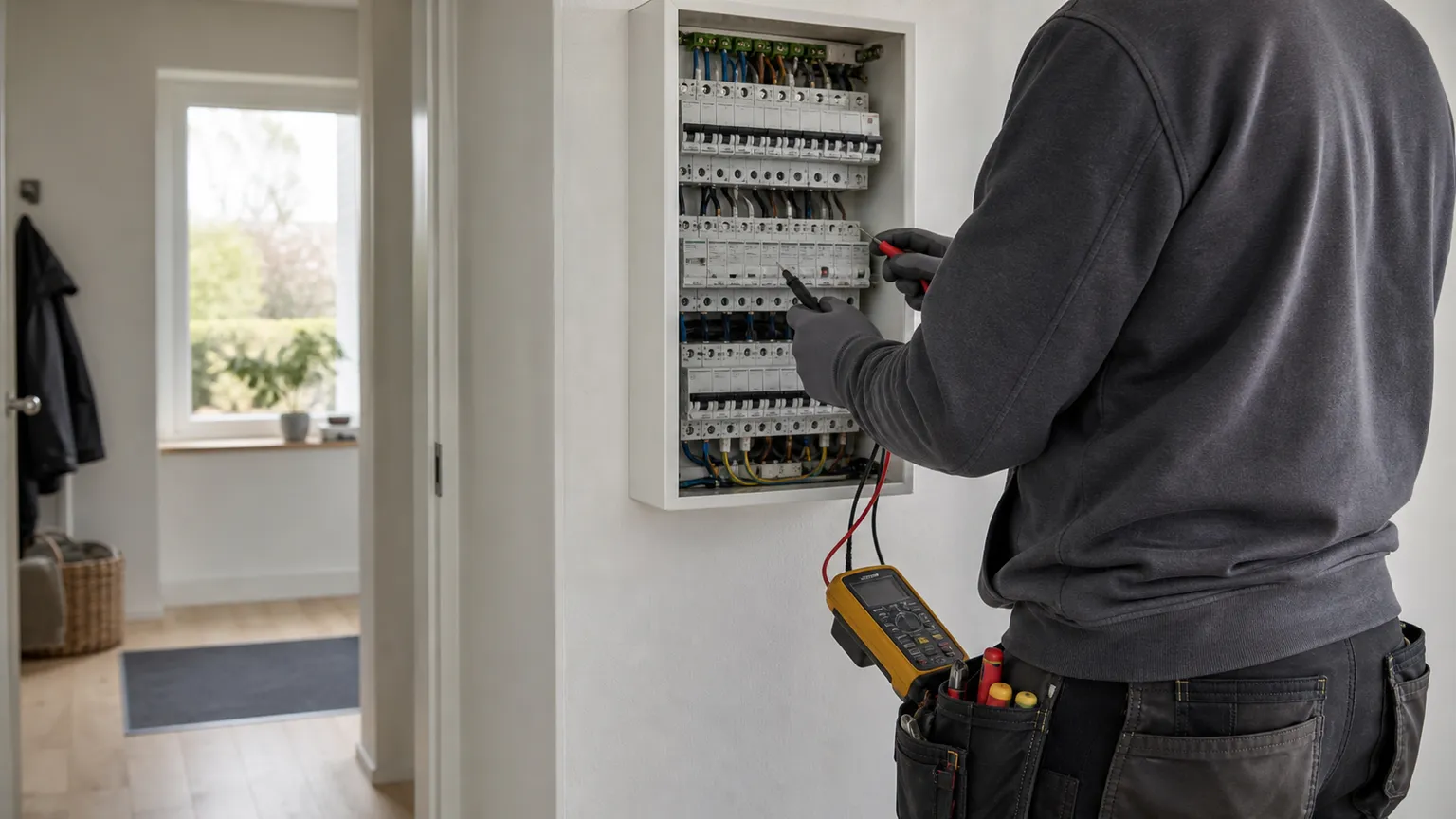Elektriker udfører el-tjek med måleudstyr ved en åben eltavle i et lyst dansk hjem.