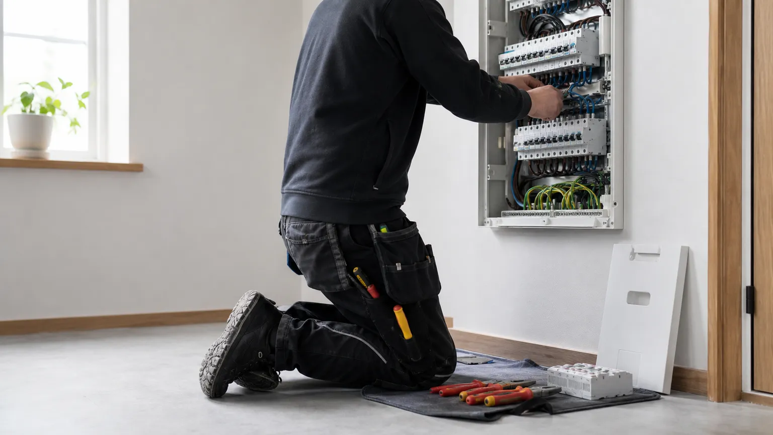 Elektriker arbejder sikkert ved en åben eltavle i et lyst dansk hjem.