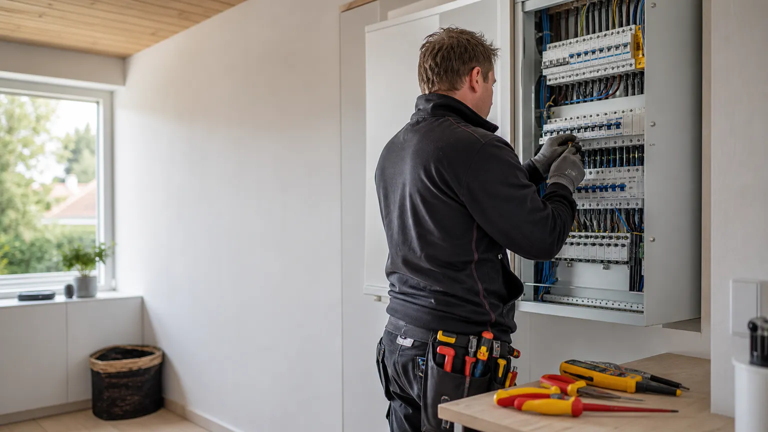 Elektriker arbejder sikkert ved en åben eltavle i en lys, moderne dansk villa.