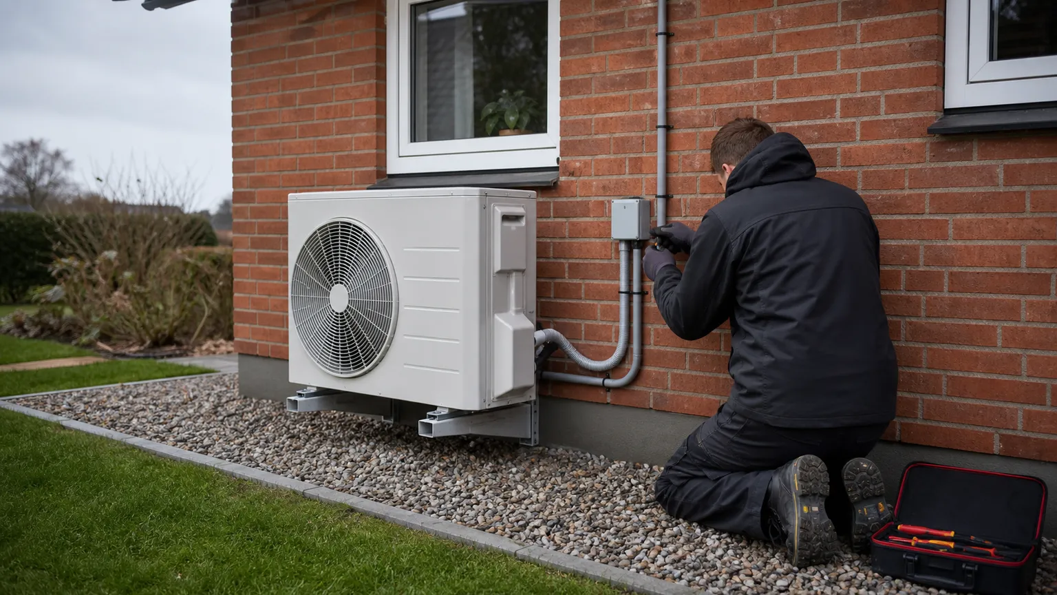 Elektriker monterer sikker elforsyning til en varmepumpe på ydermuren af et dansk murstenshus.