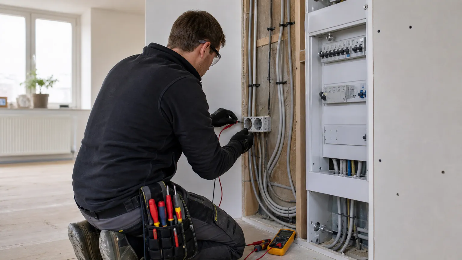 Elektriker tester en ny elinstallation ved en åben væg og eltavle i et lyst dansk hjem.