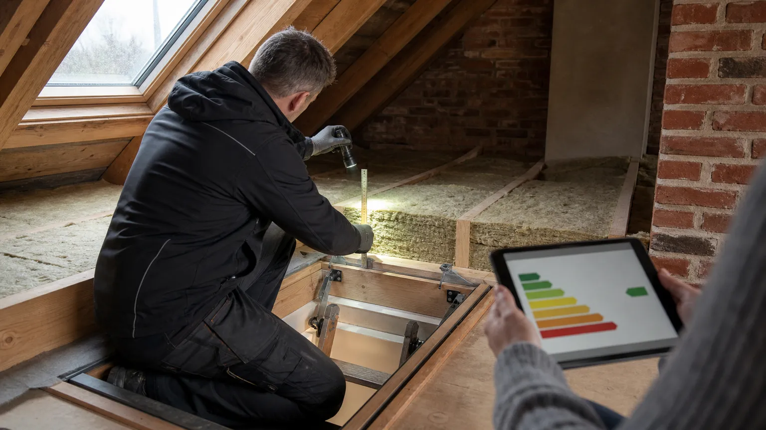Energikonsulent måler loftisolering i et dansk murstenshus, mens boligens energiforhold vises på en tablet.