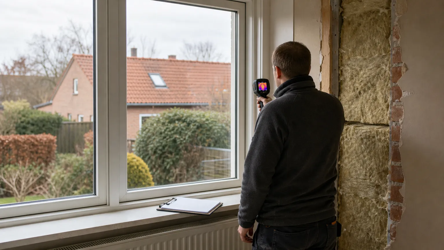 Energikonsulent undersøger et vindue med termisk kamera i et dansk hus med synlig isolering.