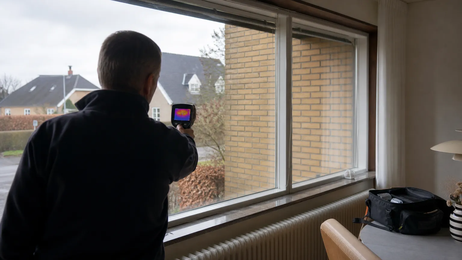 Energikonsulent undersøger vinduerne i et dansk murstenshus med et termisk kamera.